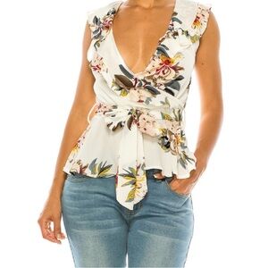 Floral Wrap Peplum Top in Ivory